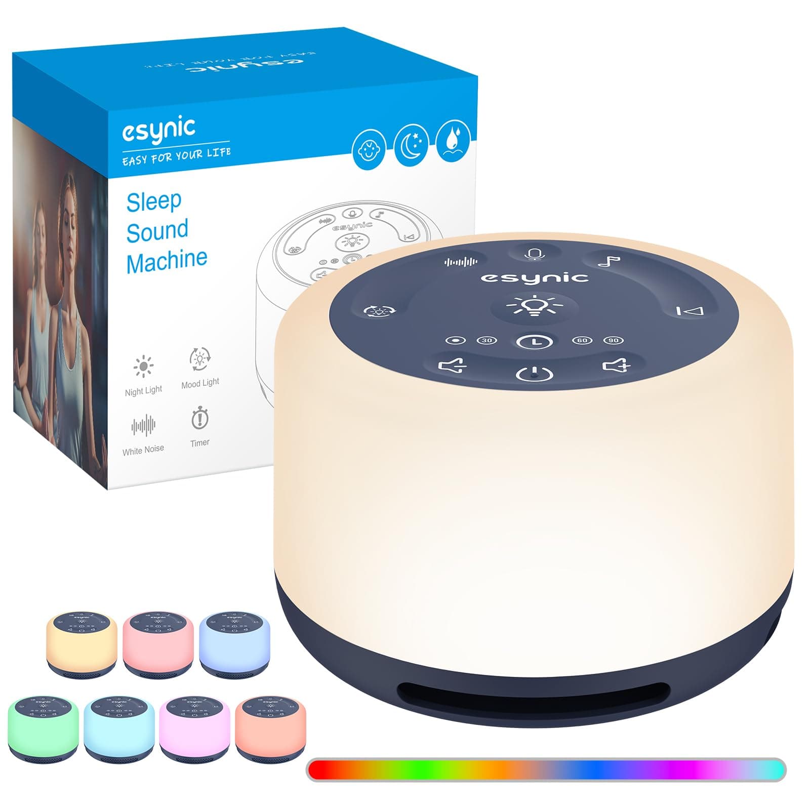 Máquina de Ruido Blanco eSynic Máquina de Sonido Portátil para Dormir para Bebé con 30 Tipos de Sonidos Relajantes, Luz